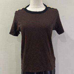 🤎 Veronica Beard Jeans Striped Tee | Size Small | Gold Button Shoulder Detail